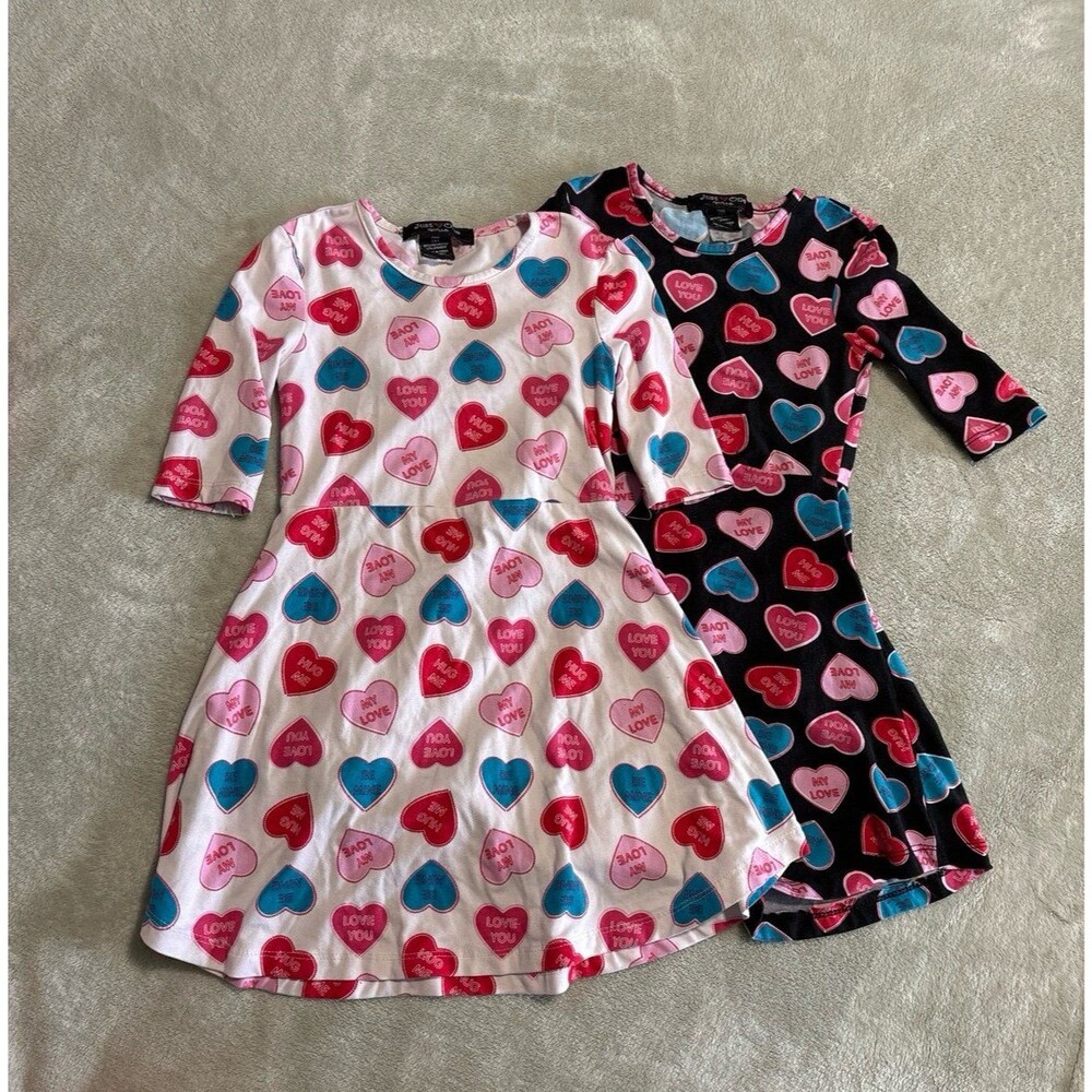 Girls set lot of 2 Heart Print Dresses White Black back to school playwear girly